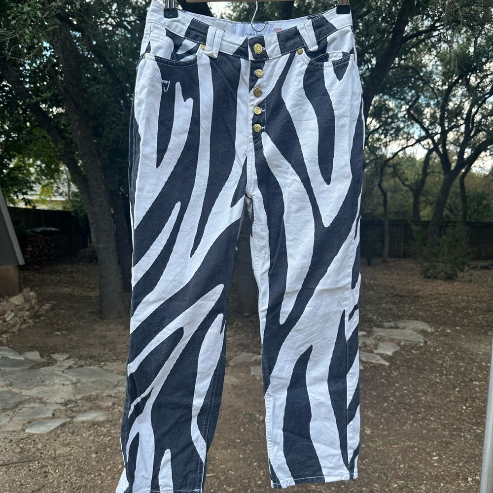 House of Sunny Zebra Print Button-Fly Jeans